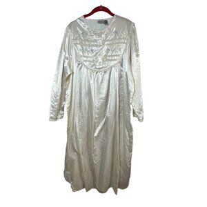 Delicates Nightgown Women L Ivory Satin Button Down Floral Embroidery Vintage